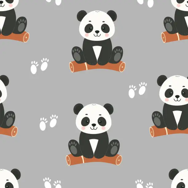 Vector illustration of Cute pandas sitting on a tree, paw prints seamless pattern. Template for textile, wallpaper, packaging, cover, web, card, box, print, banner, ceramics