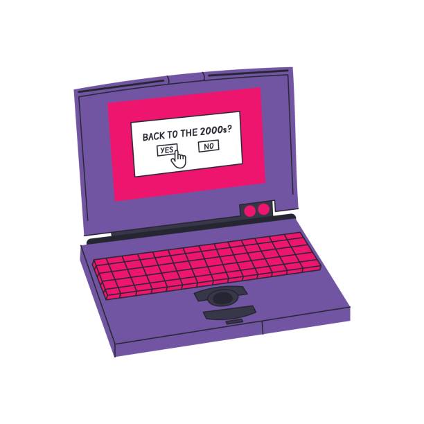 istock Retro element in trendy y2k style. Nostalgia for the 2000s, 90s. Laptop in modern flat line style flat. Hand drawn vector illustration isolated on white background. 2148392323