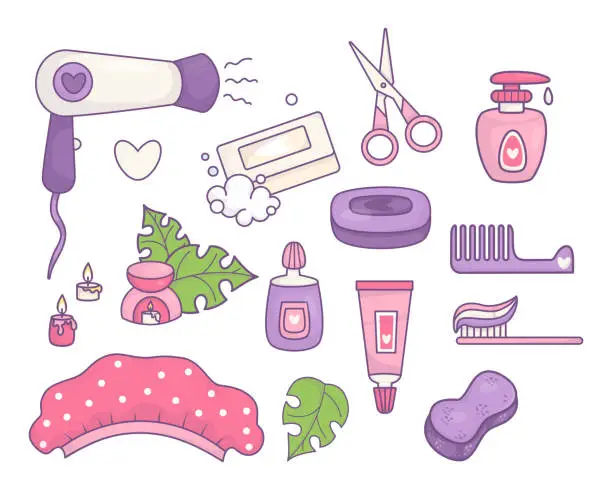 Vector illustration of Shower cosmetics. Collection personal hygiene products: cream, soap, shower cap, washcloth, comb, toothbrush with toothpaste, aroma lamp with candles and hair dryer. Isolated Vector elements.