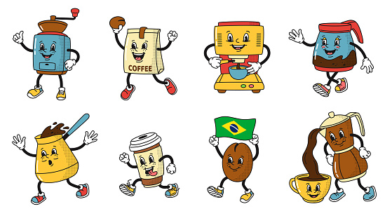 Cartoon coffee shop mascots, cup and coffee machine. Cartoon character cafeteria, element of geyser cooking, coffee beverage mascot illustration