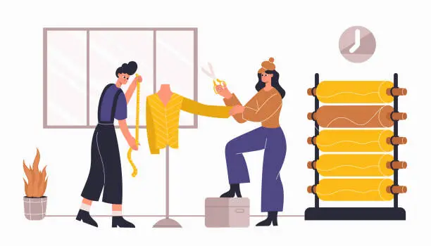 Vector illustration of Fashion atelier workers, tailoring and sewing clothes