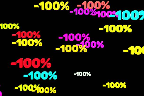 Colorful minus one hundred percent symbols fall down isolated on black background 3d render. Concept of discounts, sales, seasonal promotions, black friday, singles day and shopping 1111.
