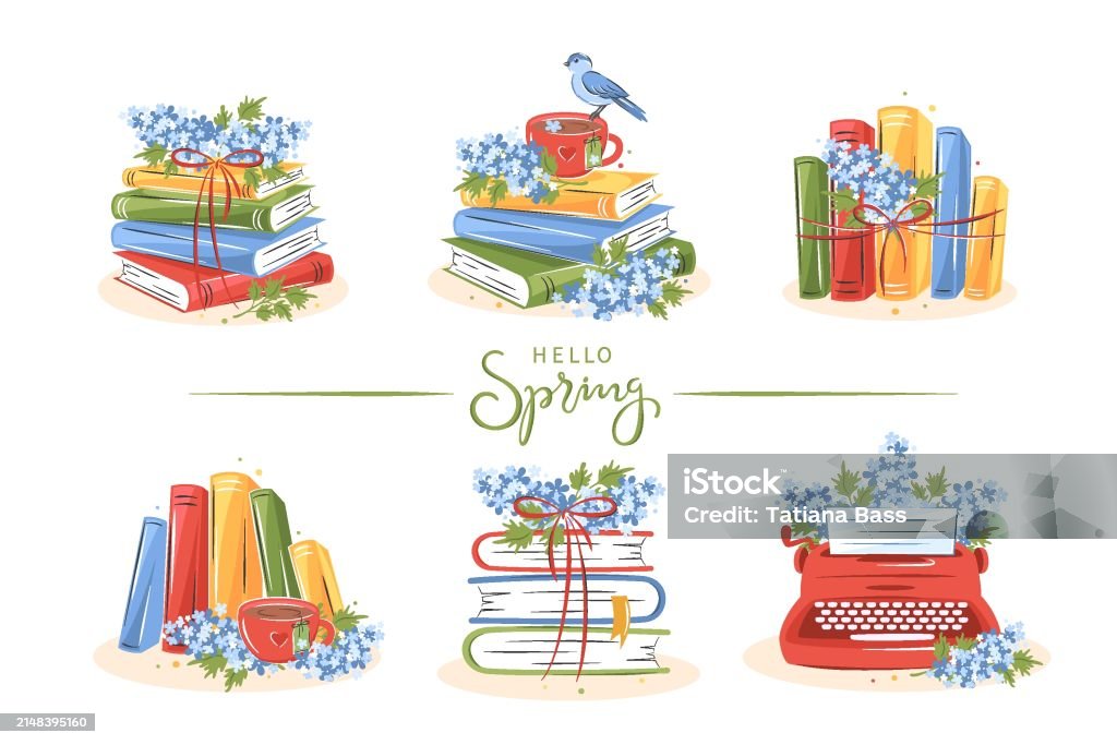 Spring Bookstore Signs Set Books Spring 025 Stock Illustration - Download Image Now ...