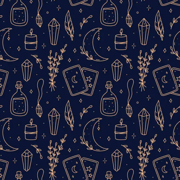 Vector illustration of Seamless pattern with gold magic doodles on blue background - herbs, crescent moon, pendant, candles, gemstones, tarot cards, potion. Vector hand-drawn illustration. Perfect for print, wallpaper.