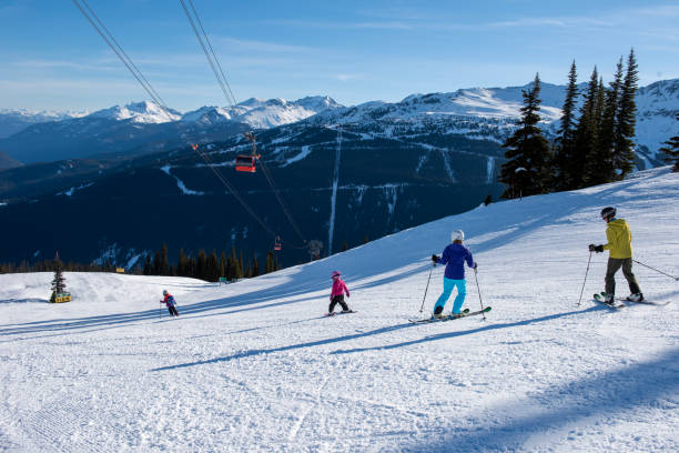 istock Family skis down slope at ski resort 2148396523