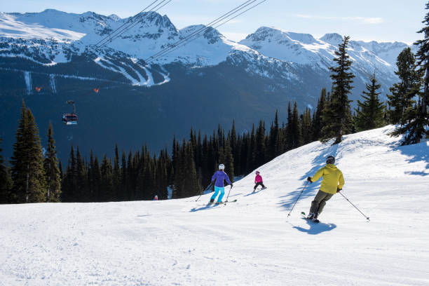 istock Family skis down slope at ski resort 2148396591