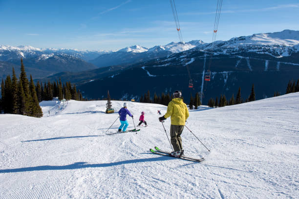 istock Family skis down slope at ski resort 2148396592