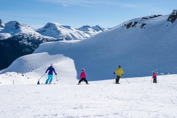 istock Family skis down slope at ski resort 2148397320