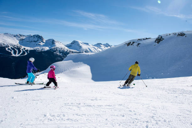 istock Family skis down slope at ski resort 2148397321
