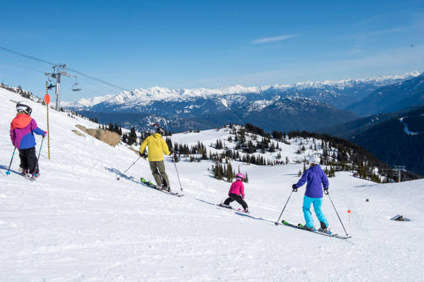 istock Family skis down slope at ski resort 2148397323