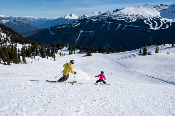 istock Father and daughter ski down slope at ski resort 2148397504