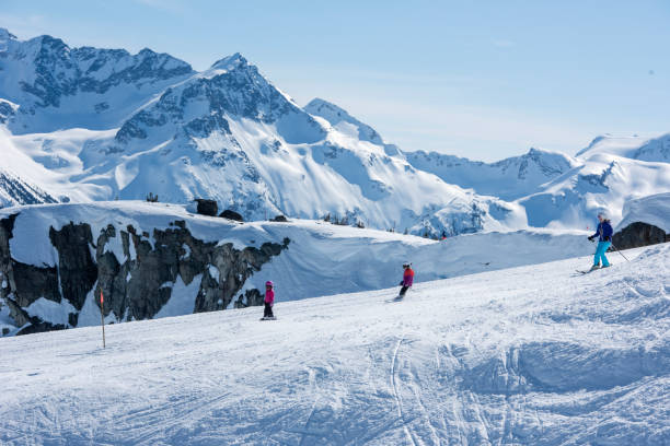istock Family skis down slope at ski resort 2148397781