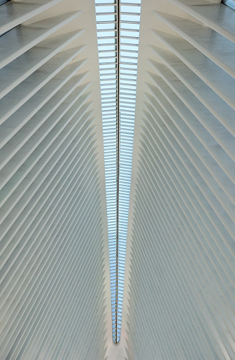 Brooklyn, NY - March 2, 2024: Details of the inside of the modern Oculus building inside the World Trade Center transportation hub in lower Manhattan, New York City.  Designed by Santiago Calatrava, opened in 2016.