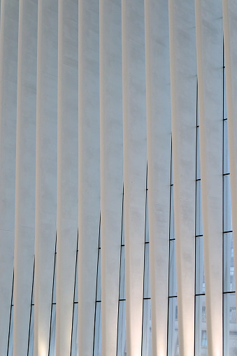 Brooklyn, NY - March 2, 2024: Details of the inside of the modern Oculus building inside the World Trade Center transportation hub in lower Manhattan, New York City.  Designed by Santiago Calatrava, opened in 2016.