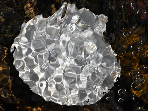 Caustic light on scallop shell in water, with bubbles