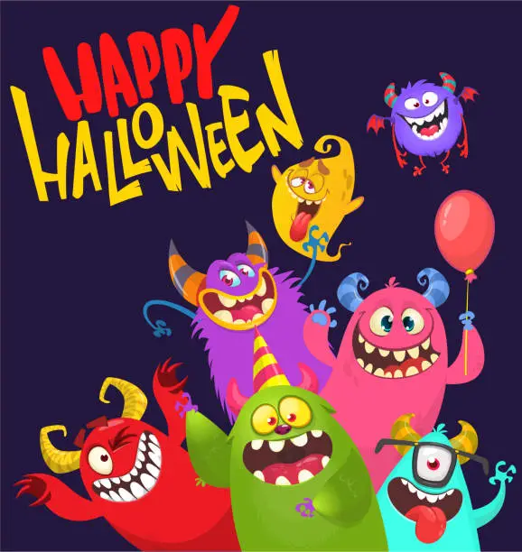 Vector illustration of Сartoon monsters characters set. Illustration of happy scary smiling alien creatures for Halloween party. Package, poster or greeting invitation design. Vector