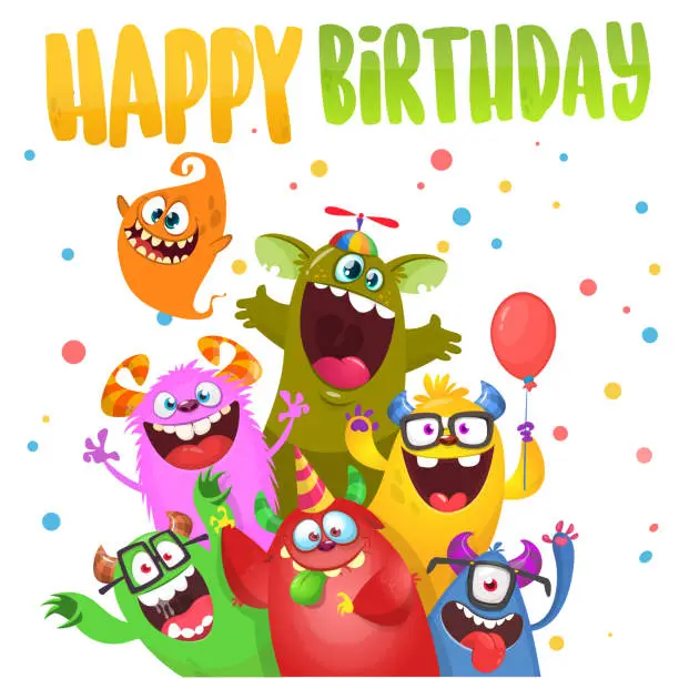 Vector illustration of Cute cartoon Monsters. Vector set of cartoon monsters with balloons and party hats for birthday party. Illustration isolated