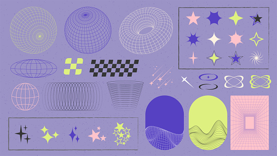Y2K shapes of stars and planets. Modern minimalist elements, trending geometric shapes. Line art, vector illustration