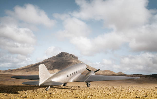 A scale model of the iconic bare-metal DC-3 Dakota in the desert, processed in an old-fashioned style.