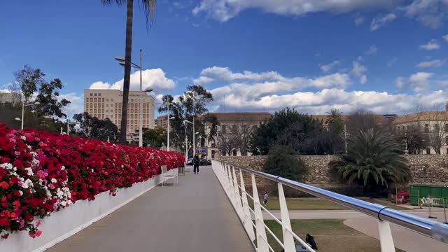 Walking along the Flowers Bridge time lapse in the city of Valencia, Spain