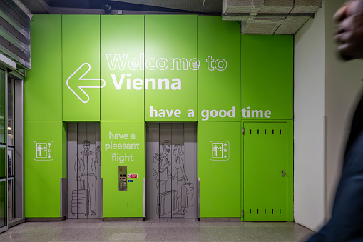 Vienna, Austria April 5, 2024 A Welcome to Vienna sign in the City Airport Train station.