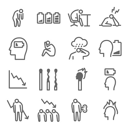 Burnout icon illustration vector set. Contains such icon as depression, exhaustion, pressure, anxiety, bore and more. Editable stroke