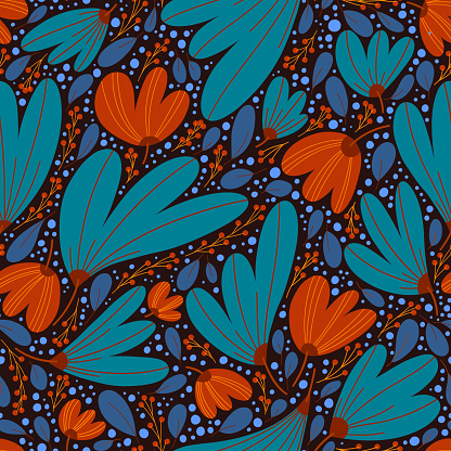 Vector seamless pattern with flat modern flowers folk style with branches, leaves and seeds. Artistic botanical repeatable illustration. Floral motif for cards, fabric, prints and fabrics