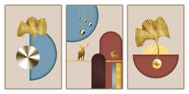 istock Boho minimalism illustration 3d canvas frame walls. golden feathers on light beige background. set of frames artwork modern art 2148402802