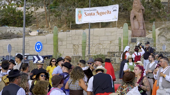 El Pajar, Gran Canaria, Canary Islands, Spain - April 6, 2024 - Romeria de Santa Agueda - Sign on the street indicates ongoing festival celebration