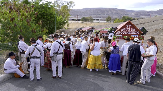 El Pajar, Gran Canaria, Canary Islands, Spain - April 6, 2024 - Romeria de Santa Agueda - Parade of carriages and Canarian people celebrating in honor of the patron saint