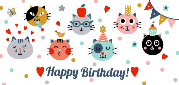 ilustraciones, imágenes clip art, dibujos animados e iconos de stock de cute cats is celebrating his birthday. - cake pie apple pie apple