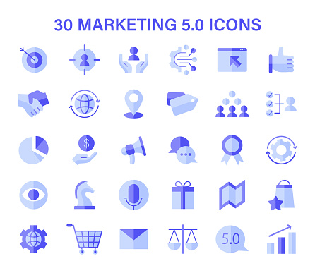 Marketing 5.0 icon set. Essential visual elements representing advanced digital marketing and advertising concepts. Captures the essence of strategy, technology, and engagement. Vector illustration.