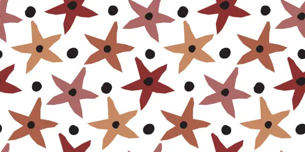 Vector illustration of Hand drawn spotted star shaped flowers seamless pattern