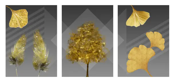 Photo of Black and gray background shapes with golden flowers, feathers and tree leaves. wall art poster canvas artwork