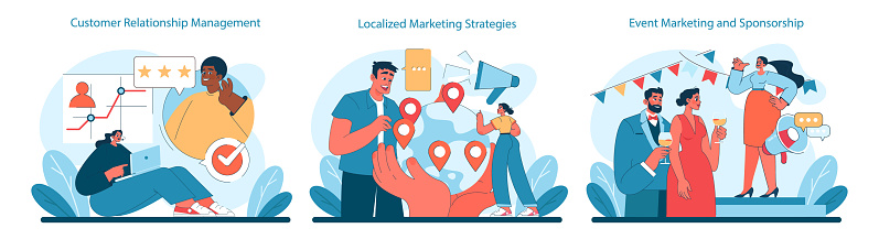Marketing 5.0 set. Fostering customer relationships, tailoring local market tactics, and boosting events through sponsorships. Customer-centric strategies. Vector illustration.