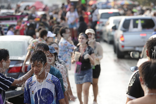 Chonburi Thailand 16 Apr 2023 Crowd of tourists splashes water together, Songkran festival celebrating on New Year Thailand