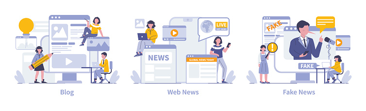 Internet Mass Media insights. The evolution of blogging, real-time web news, and the challenges of fake news. Digital literacy and content authenticity. Vector illustration.