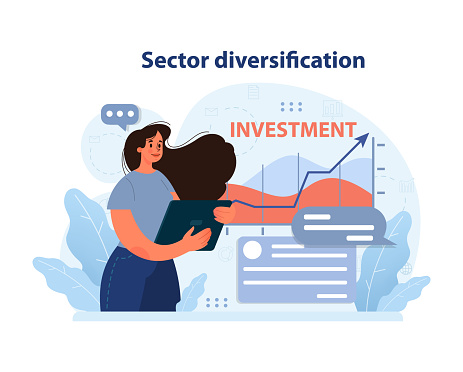 Woman using tablet to study investment trends, emphasizing sector diversification. Navigating the intricacies of balanced portfolio management in the financial landscape. Flat vector illustration.