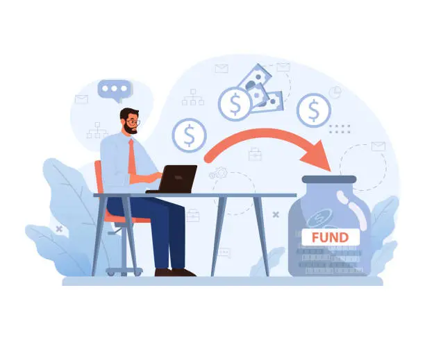 Vector illustration of Determined man at laptop directs funds for sponsorship. Flat vector illustration