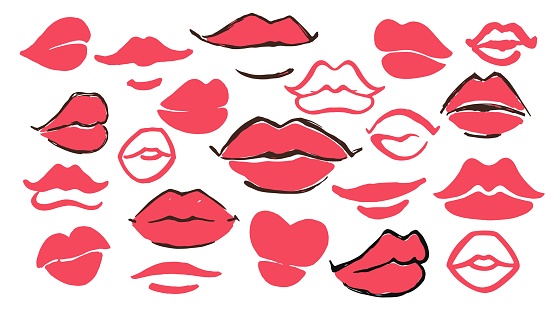 Red lips set hand drawn with ink paint brush, isolated on white background. Vector illustration