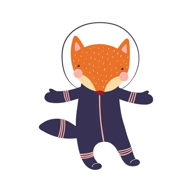 Vector illustration of Cute funny fox astronaut in space suit cartoon character illustration. Hand drawn animal, Scandinavian style flat design, isolated vector. Kids print element, space adventure, travel, science