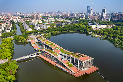 Panorama of Qingpu District in Shanghai with Qingpu Library building in Xiayang Lake.