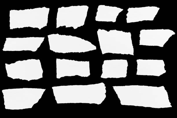 Array of various torn paper scraps with rough edges isolated on a clean black background Assortment of different torn paper pieces with jagged edges set against a pristine black backdrop torn paper effect stock pictures, royalty-free photos & images