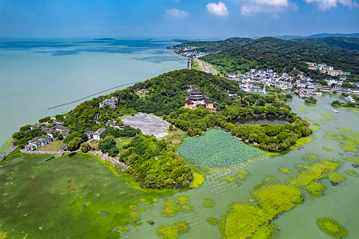 Temple of Shigong Mountain in Xishan and Lake Tai, Suzhou, China.