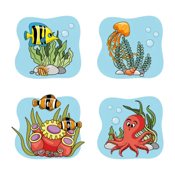 Vector illustration of Sea creatures on the seabed. Depicted fish, octopus in corals and algae.