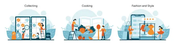 Vector illustration of Coin collectors scrutinize valuables, chefs joyfully engage in cooking, fashion enthusiasts review styles