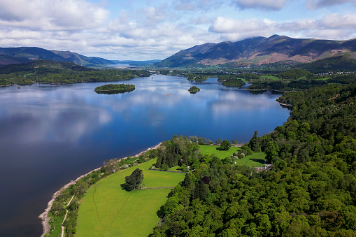 Aerial view of Derwent Water. South of Keswick, the third largest lake in the English Lake District.
