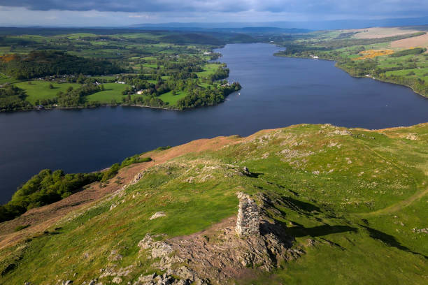 Aerial view of  Ullswater  in the North of the English Lake District. A glacial lake, it is the second largest lake in the Lake District.