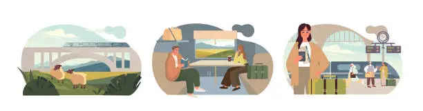 Vector illustration of Travelling by Train set.