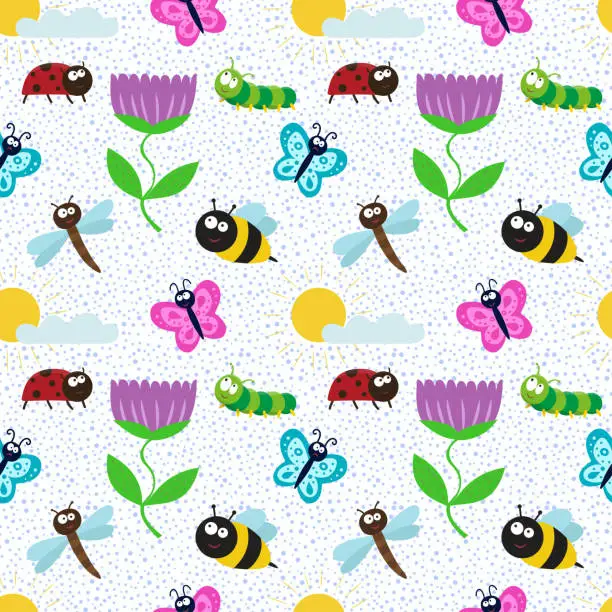 Vector illustration of Cute seamless pattern with insects and flowers. A design element for printing on fabric. Bees, ladybugs, butterflies, caterpillars, dragonflies and plants.  Cartoon flat vector illustration